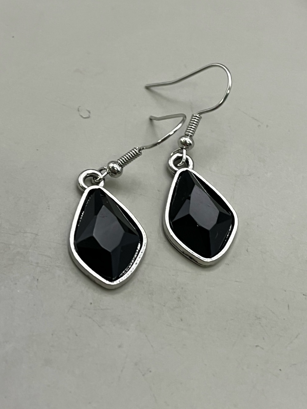 Black Teardrop Dangle Earrings Silver Tone Faceted Crystal Drop Hook Minimalist